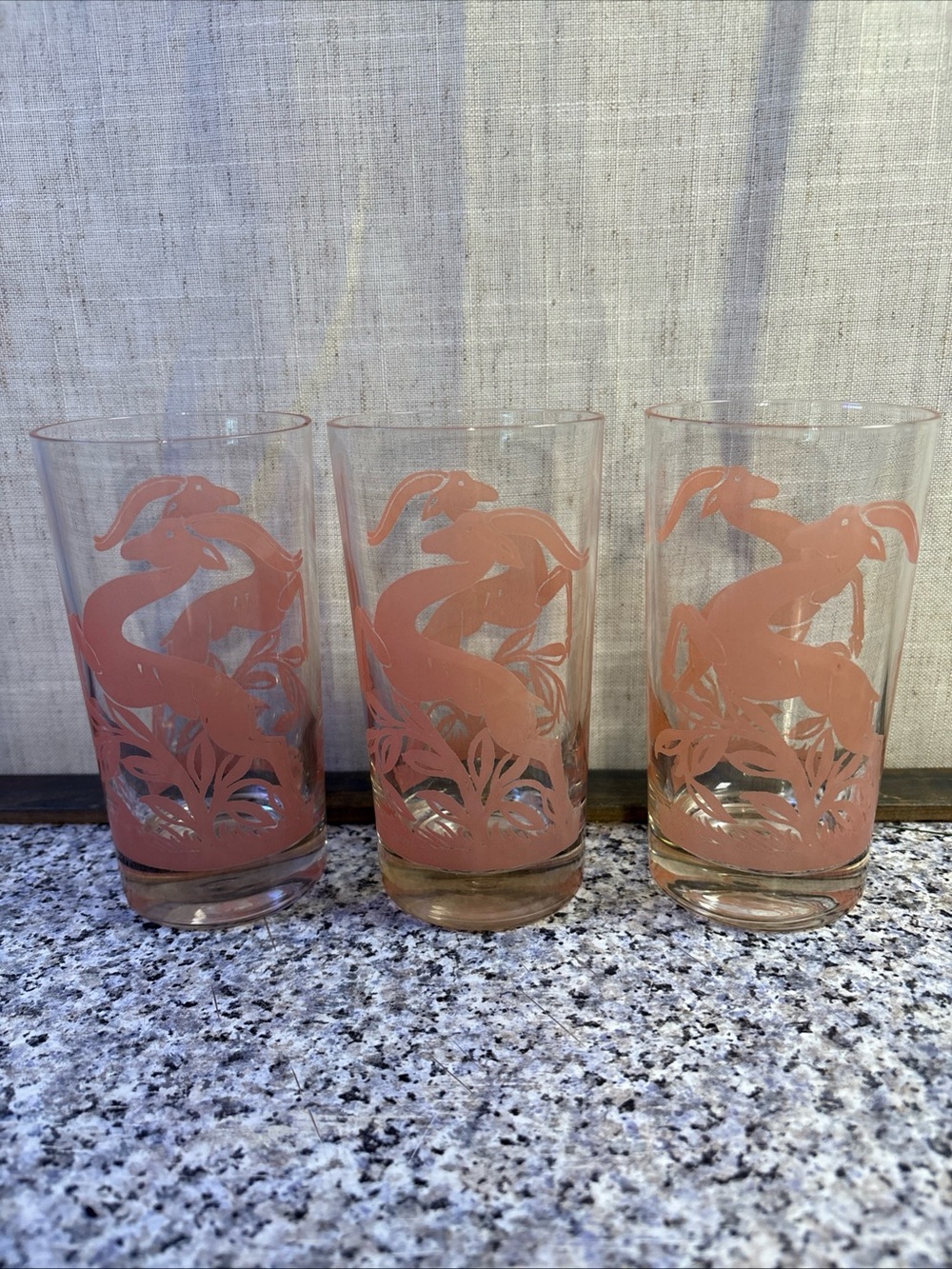 3 Vintage Federal Glass Pink Gazelle Drinking Glasses MCM 5” Tall